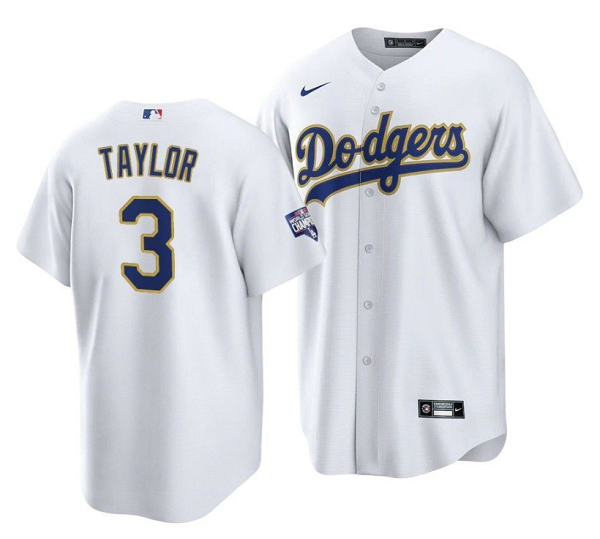Men's White Los Angeles Dodgers #3 Chris Taylor Gold Championship Cool Base Stitched Baseball Jersey